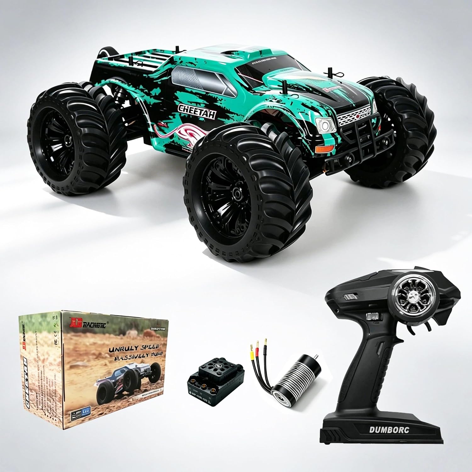 JLB Cheetah 11101 teal and black brushless monster truck beside its retail box, Hobbywing 120A speed controller, 3670 brushless motor and 2.4GHz pistol transmitter