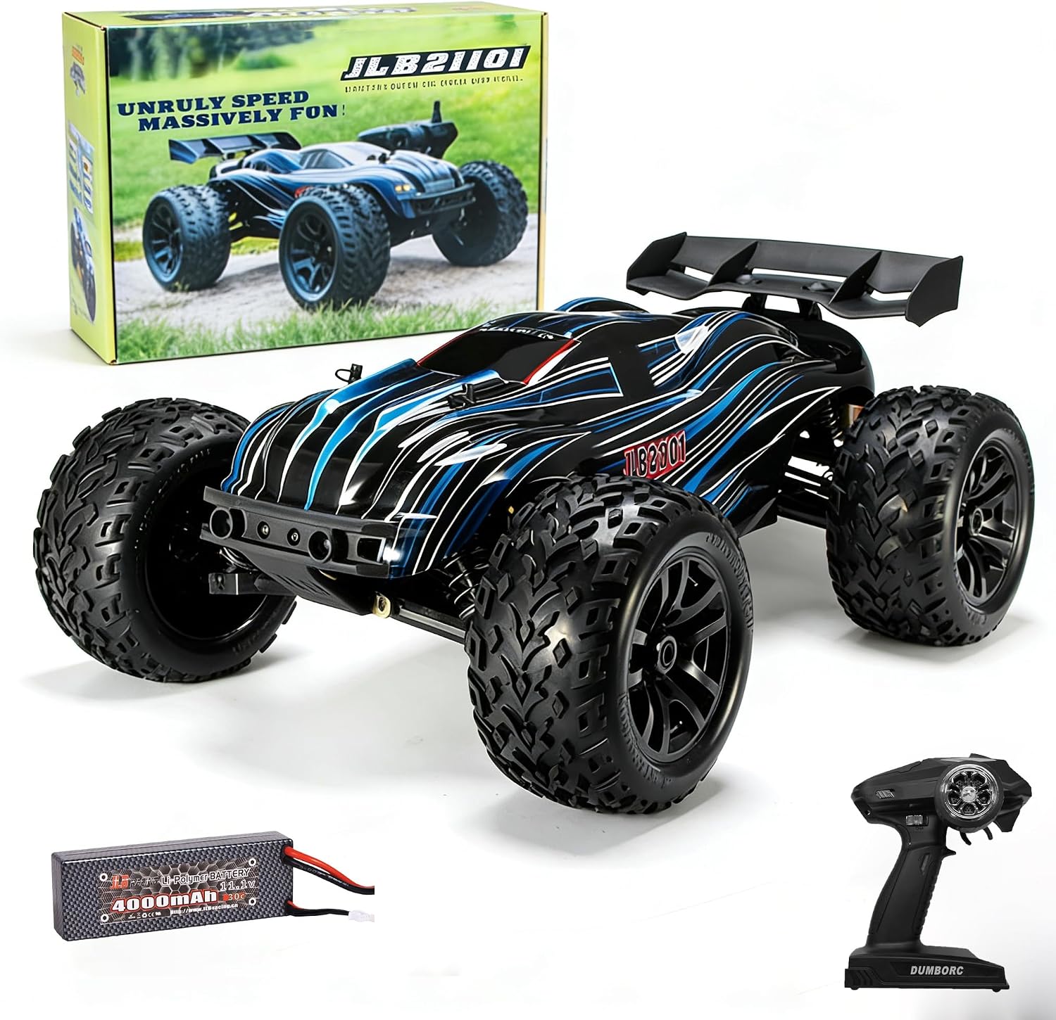 JLB Cheetah 21101 blue and black brushless truggy with a rear wing, shown with its retail box, 11.1V 4000mAh LiPo battery and 2.4GHz pistol transmitter